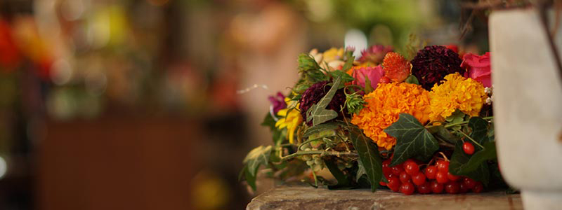 Blumen Art Manufaktur: Bunter Kranz mit unscharfem Hintergrund Panorama